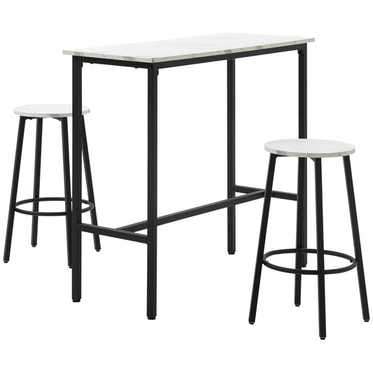 3 Piece Bar Table and Stool Set for 2 with Stools Steel Frame Footrest for Kitchen Living Room Small Space White