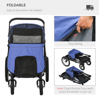 PawHut Foldable Pet Stroller with Washable Cushion, Storage Bags, Safety Leash for Medium and Large Dogs Cats Travel, Blue