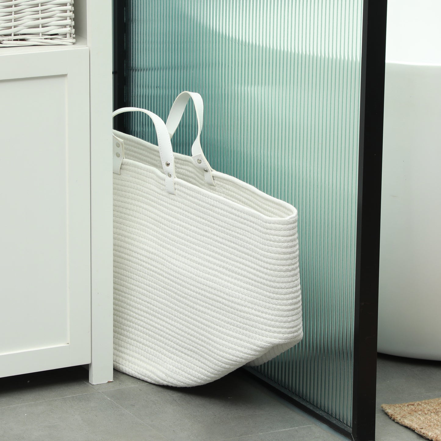 88L Cotton Rope Laundry Basket, with Handles - Cream White