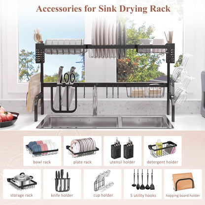 100cm Over The Sink Dish Drainer Rack, 2 Tier Dish Rack for Kitchen Counter, Space Saving Dish Drying Rack, Black