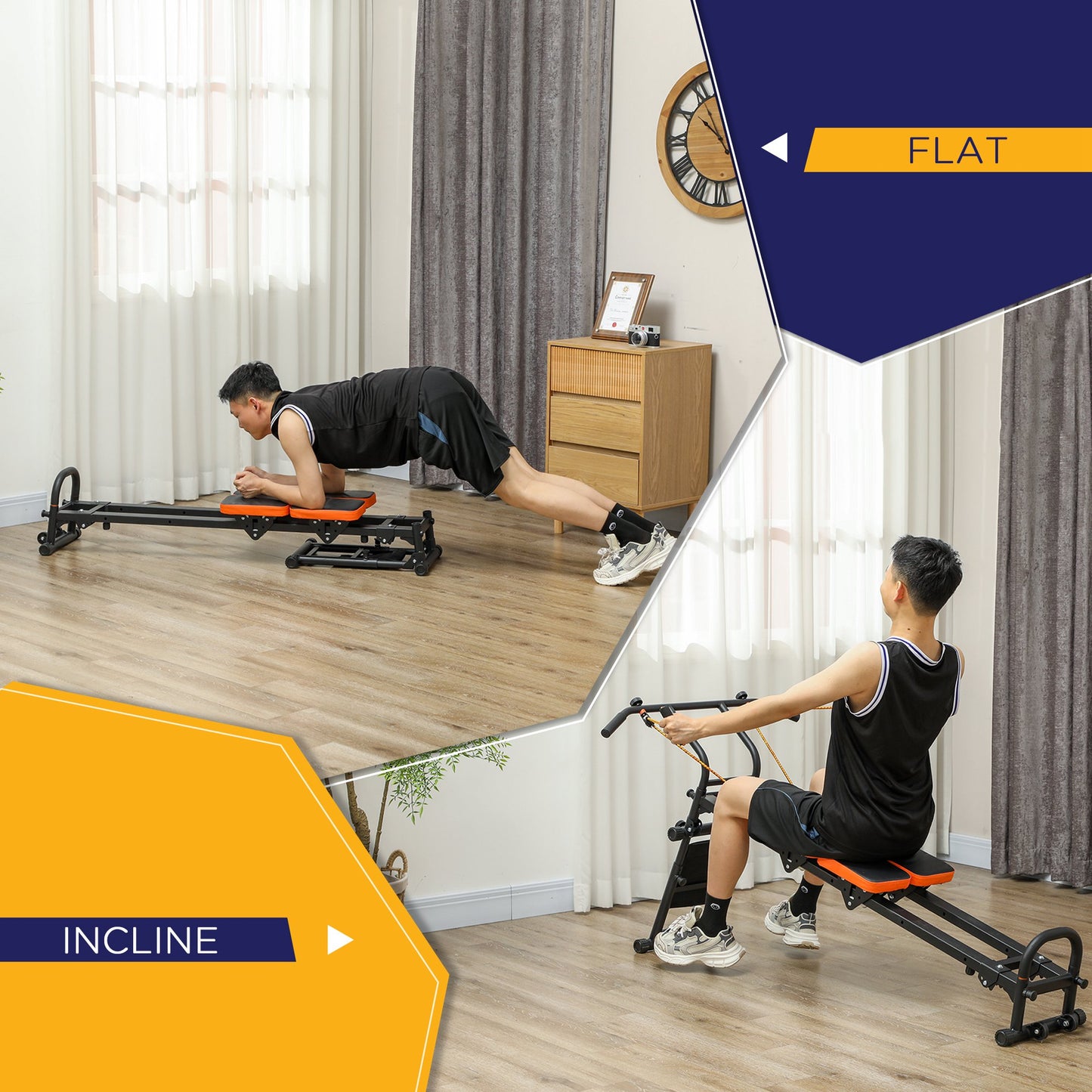 SPORTNOW Flat or Incline Home Gym Equipment, Reformer Pilates Machine, Ab Machine, Rower, with Adjustable Push Up Bar