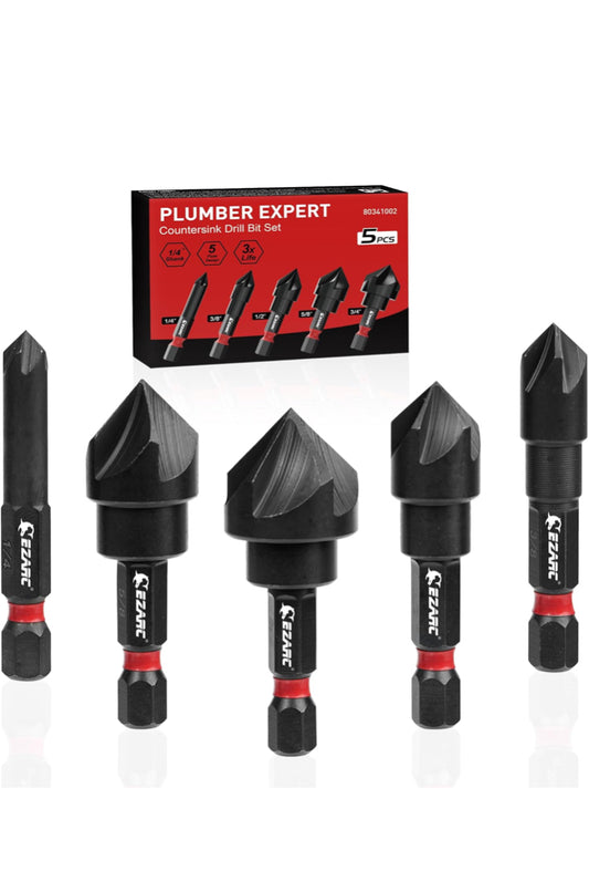 EZARC 5 Piece Countersink Drill Bit Set for Metal, 1/4 Inch Hex Shank Countersunk Bits 82 Degree 5 Flute, 1/4” 3/8” 1/2” 5/8” 3/4”