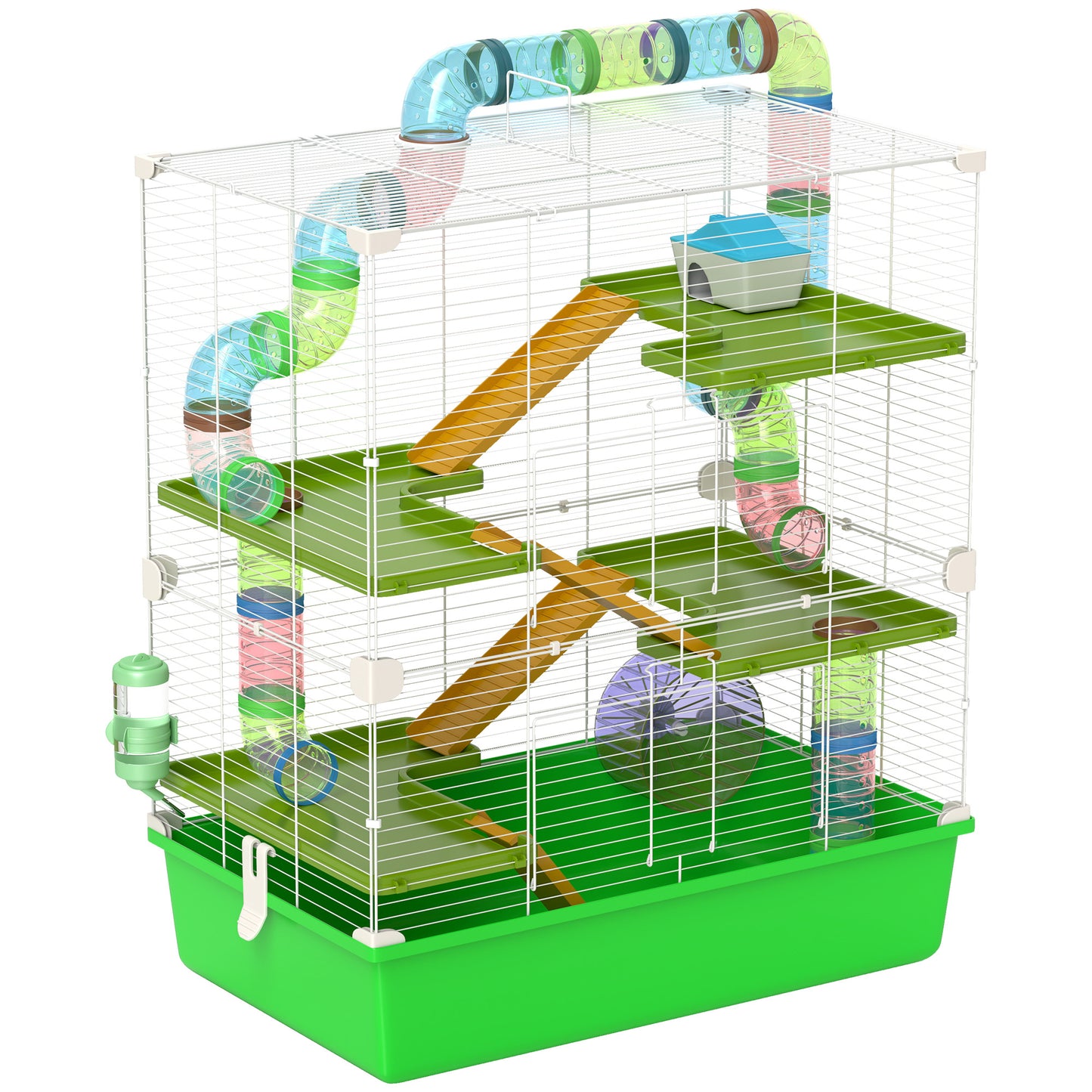 PawHut Hamster Cage With Water Bottle, Exercise Wheel, Tubes, Ramps - Green