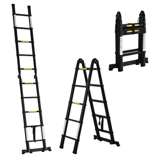 3.2m/10.5ft Telescopic Ladder, Extendable, Aluminium With Anti-slip Pedals, Multi-purpose Portable 10 Step Ladder, 150kg Capacity, EN131, Black