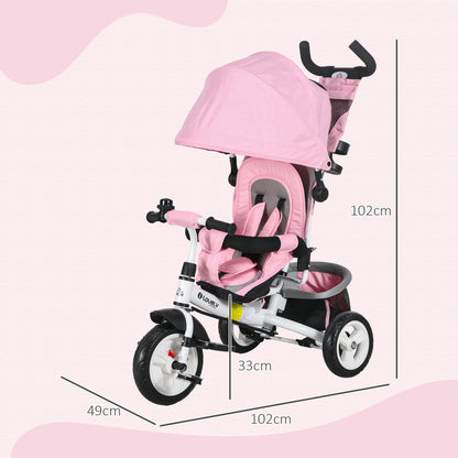 4 in 1 Kids Trike Push Bike w/ Push Handle, Canopy, 5-point Safety Belt, Storage, Footrest, Brake, for 1-5 Years, Pink