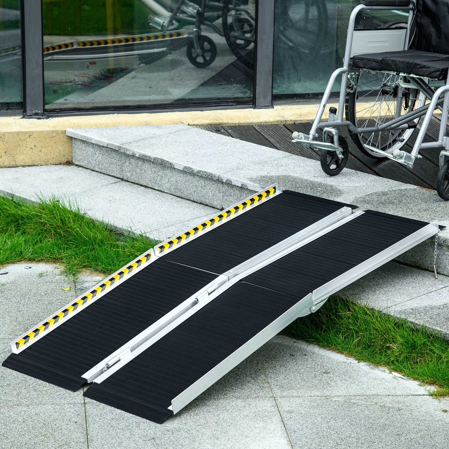 152L x 73Wcm, 272KG Capacity, Folding Aluminium Threshold Ramp w/ Non-Skid Surface, Transition Plates Above & Below for Steps