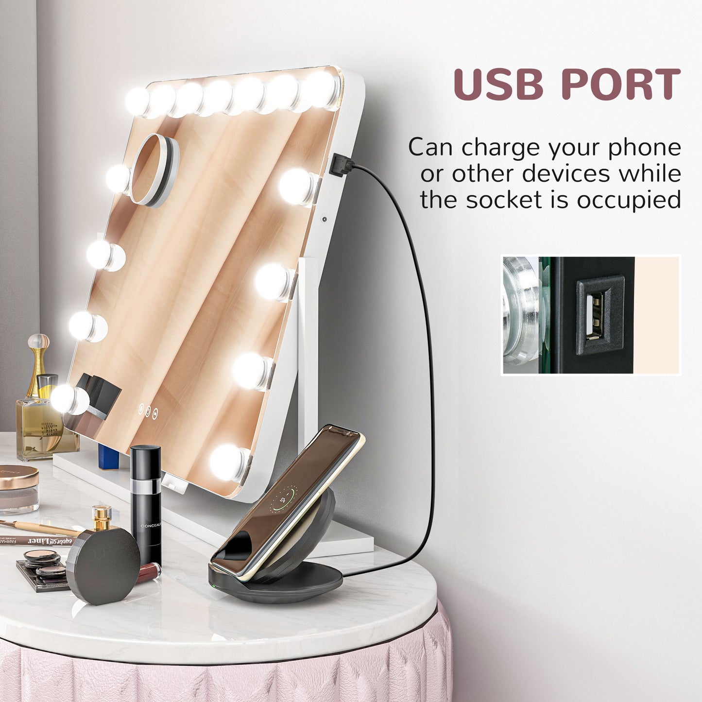 Hollywood Vanity Mirror W/ Lights Large 63x50 cm Makeup Mirror, 3 Colour, 14 LED Bulbs, 10X Magnifying, USB Charging Port, Phone Holder, 360° Rotation