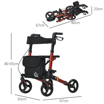 4 Wheel Rollator With Seat and Back, Folding Mobility Walker With Carry Bag, Adjustable Height, Dual Brakes, Cane Holder, Lightweight Aluminium Walking Frame - Red