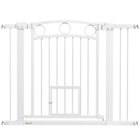 PawHut 77cm Tall Dog Gate with Cat Door, 7cm and 14cm Extensions, for Stairs & Doorways, 76-104cm Width