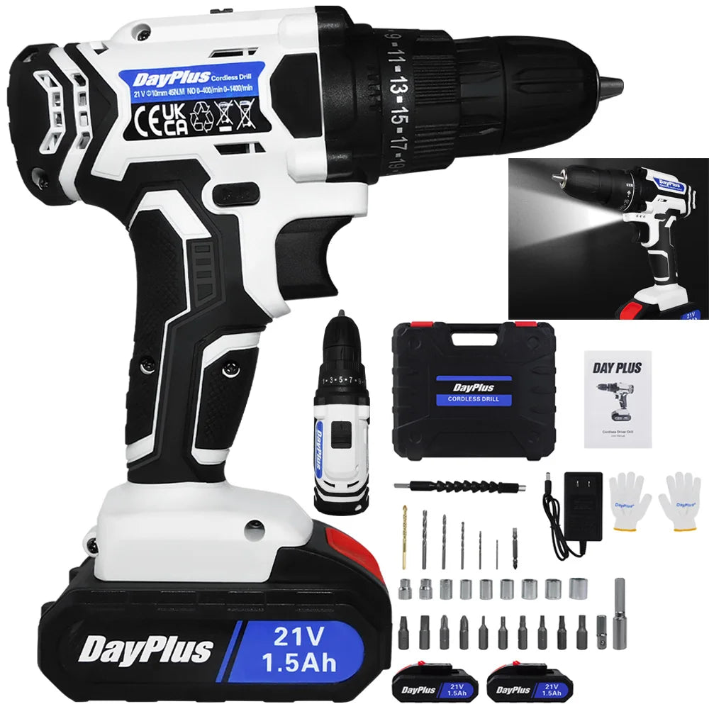 Dayplus Cordless Drill And Screwdriver Set 21V Electric Combi Drill With 2 X 1500mAh Battery