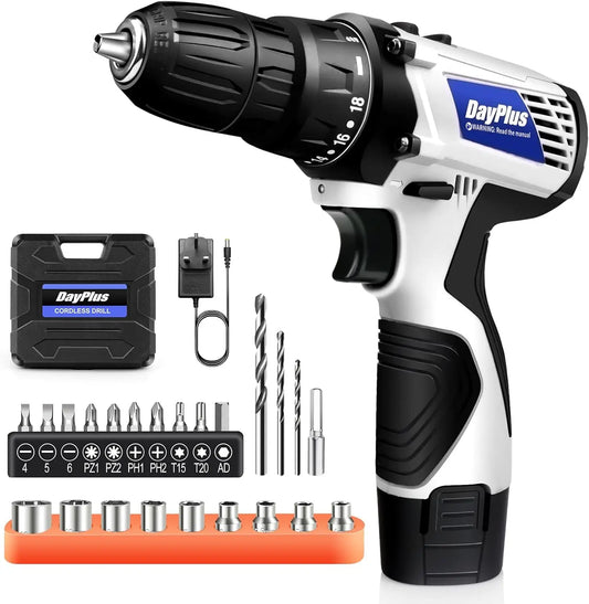 DayPlus Mini Cordless Drill Driver Kit 12V Electric Screwdriver Tool + LED Work Work Light, High Torque 45N.m,3/8Inch Keyless Chuck,18+1