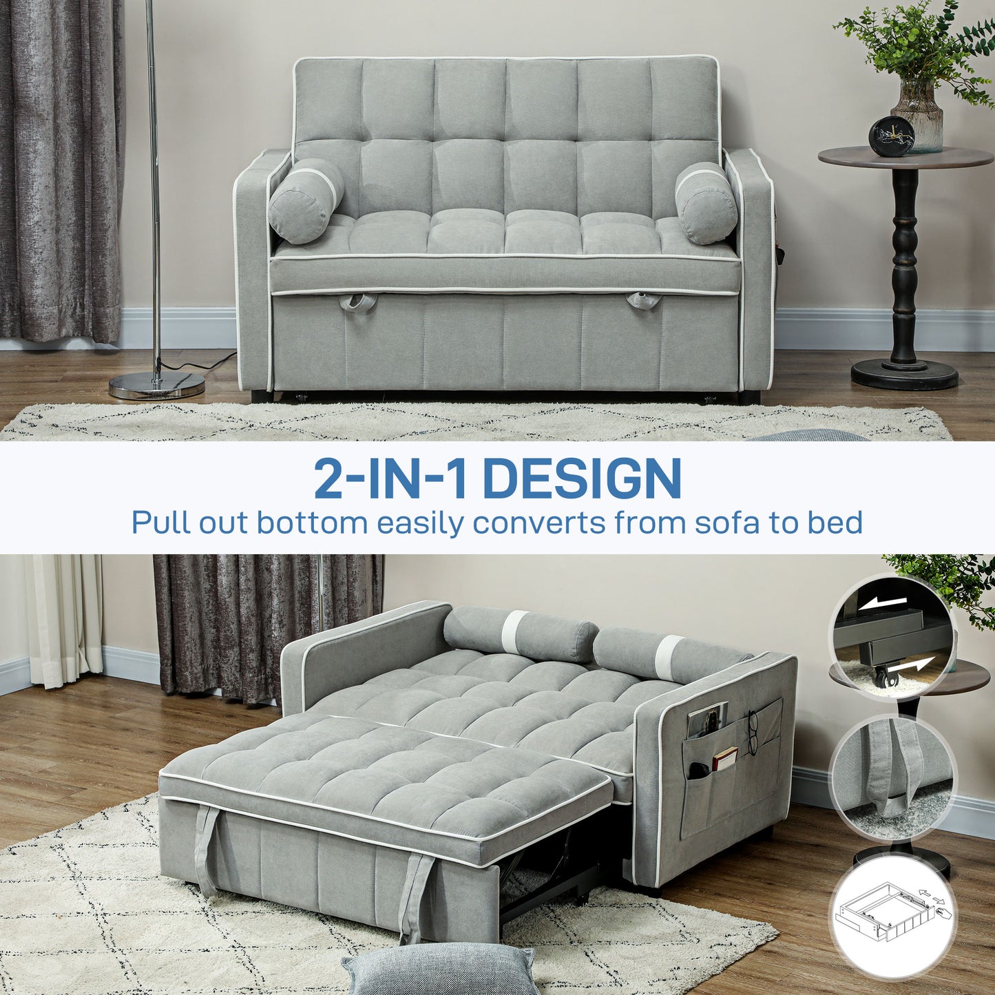 Two-Seater Linen-Look Sofa Bed - Light Grey