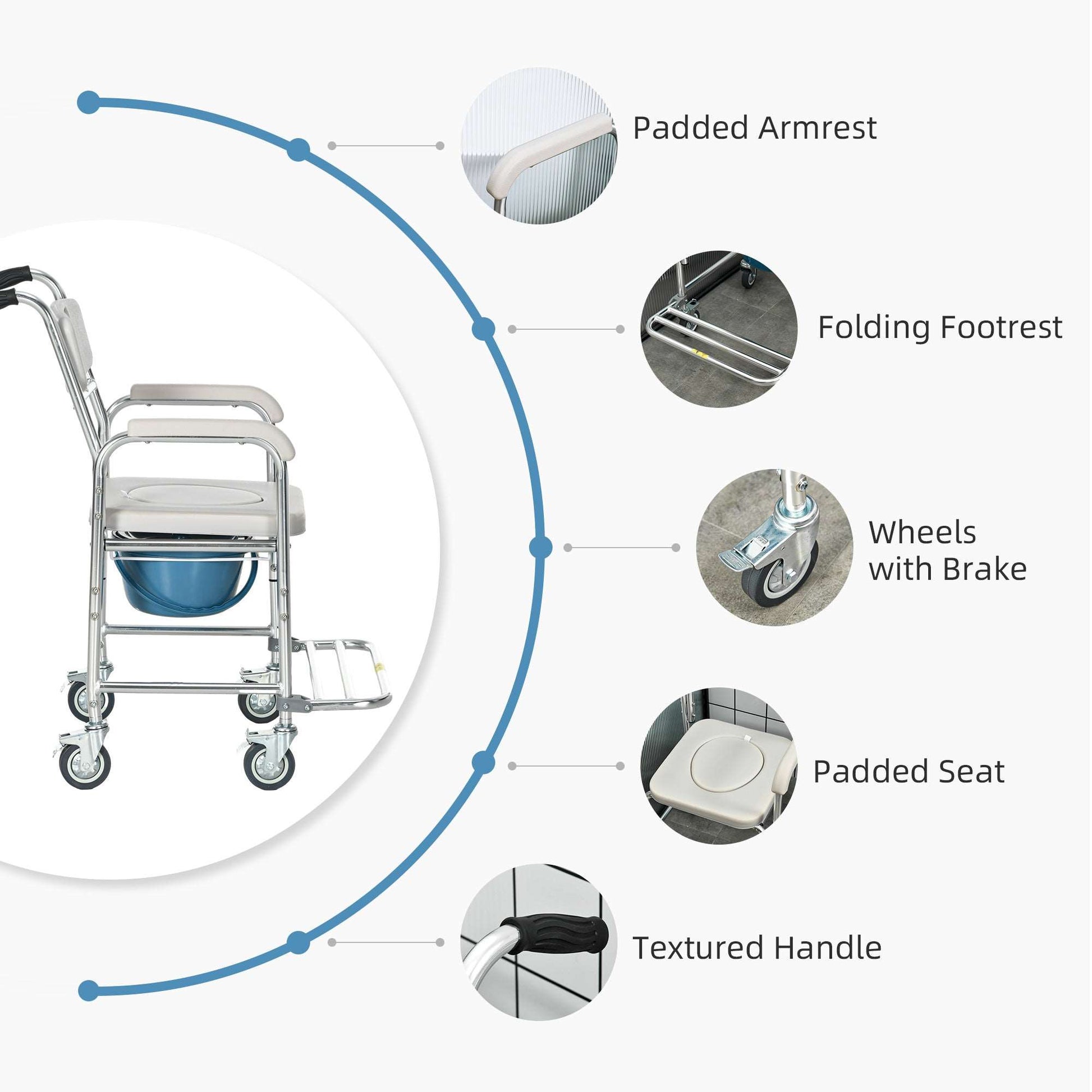 3-in-1 Shower Commode Wheelchair, with Wheels - Grey