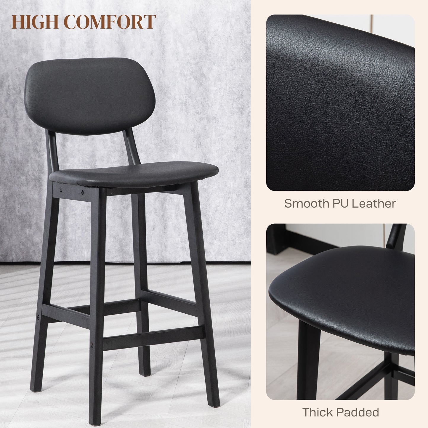 Bar Stools Set of 2, Modern Breakfast Bar Chairs, Faux Leather Upholstered Kitchen Stools with Backs and Wood Legs