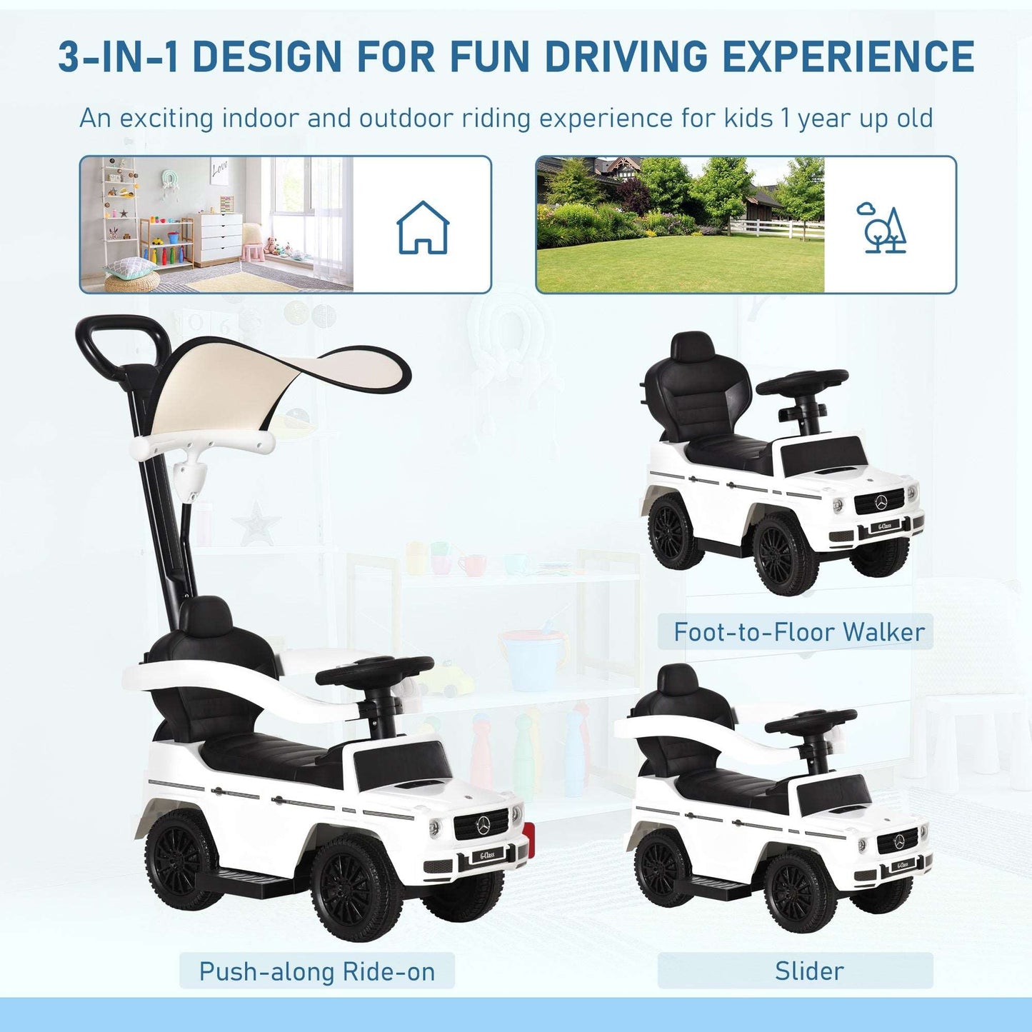 Mercedes-Benz G350 Ride-On Push Along Car Sliding Walker Foot to Floor Slider Stroller Toddler Vehicle with Horn Steering Wheel NO POWER White