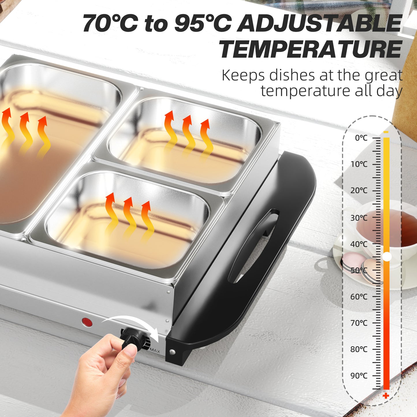 Electric Food Warmer 4 Tray, 6L Portable Buffet Server and Warming Tray with Lids, Adjustable Temperature Control and Cool Touch Handles, 200W, 2 x 2.5L and 1 x 1L