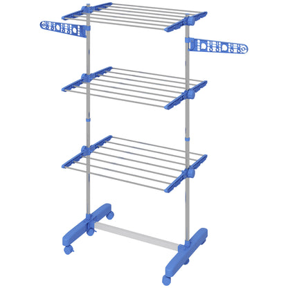 3-Tier Clothes Airer, Foldable Clothes Drying Rack, Indoor and Outdoor Dryer With Wheels and Wings, Easy Assembly, 142 x 55 x 152cm, Blue