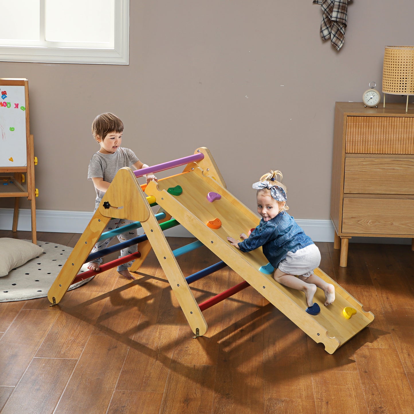 AIYAPLAY Toddler Climbing Frame for Kids with Ramp, 3 in 1 Wooden Pikler Triangle Set for 18-48 Months, Multicolour