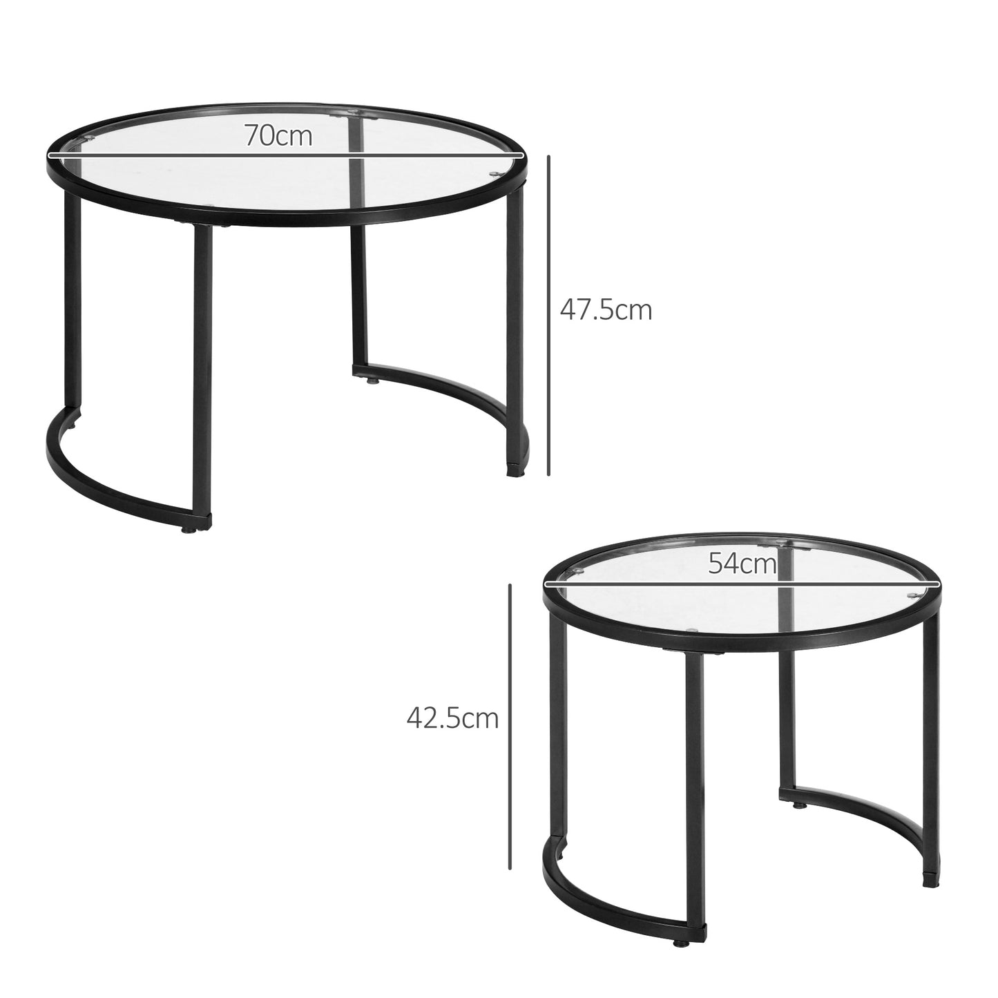 Glass Coffee Table Set of 2, Round Nest of Tables with Tempered Glass Tabletop and Steel Frame, Modern Side Tables for Living Room, Black