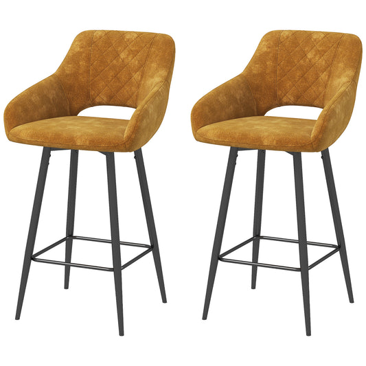 Retro Style Set of Two Velvet-Feel Bar Stools - Brown