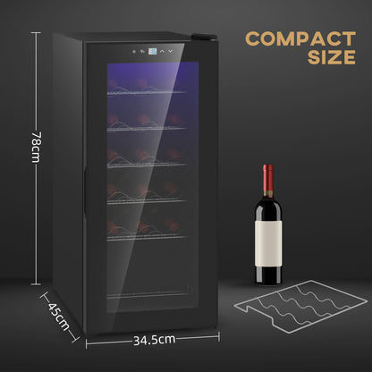 Freestanding Wine Fridge, 35cm Wide Undercounter Wine Cooler Fridge with Temperature Control, Digital Touch Screen, LED Light, Glass Door, 18 Bottles, 50 Litre Capacity, Black