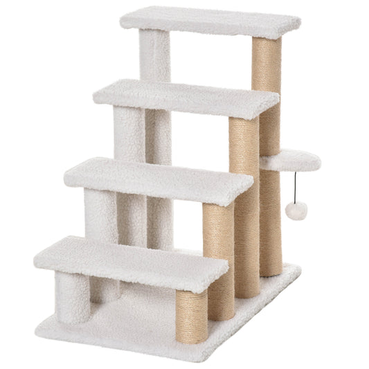 PawHut Pet Stairs with 4-step Climb Ladder, Scratching Posts, Platforms, Toy Ball, for Indoor Elderly Cats Kittens, White