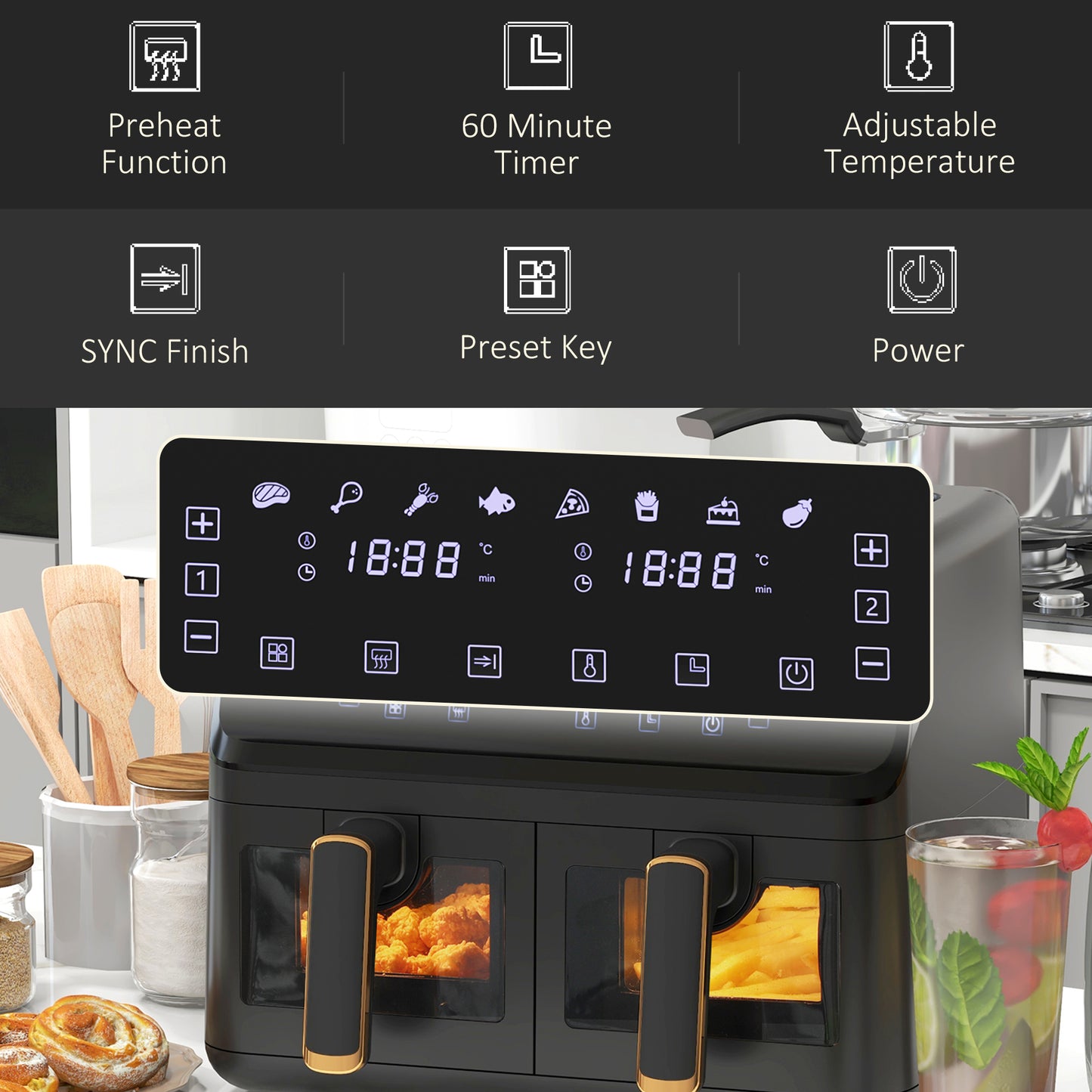 HOMCOM Dual Basket Air Fryer, 8L Family Size Double Air Fryer Oven, Digital Display, Visual Window, Inner Light, Recipe, 2500W