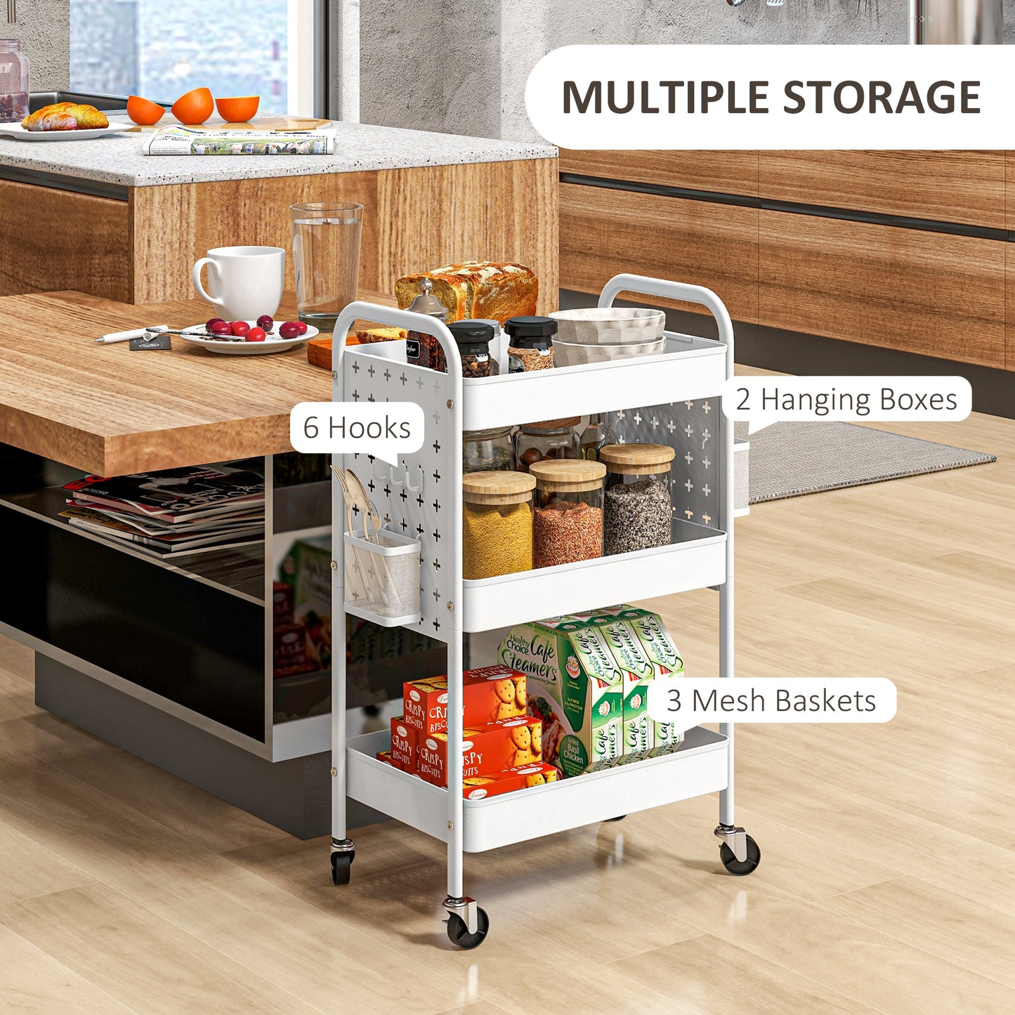 3-tier Storage Trolley on Wheels, Rolling Utility Serving Cart with 3 Mesh Baskets, 2 Hanging Boxes and 6 Hooks for Living Room, Kitchen, White