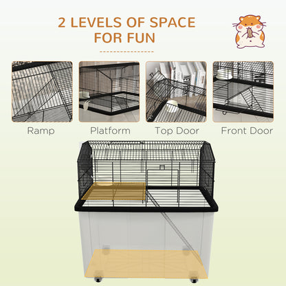 PawHut Two-Tier Gerbil Cage, Hamster Cage for Dwarf Hamster, Syrian Hamster w/ Wheels, Deep Bottom, Food Dish, Water Bottle