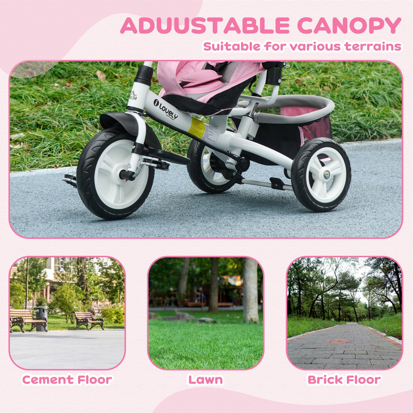 4 in 1 Kids Trike Push Bike w/ Push Handle, Canopy, 5-point Safety Belt, Storage, Footrest, Brake, for 1-5 Years, Pink