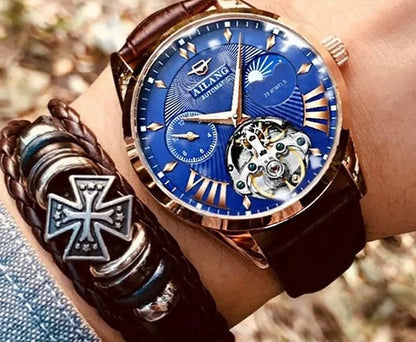 AILANG Tourbillon Mens Blue Watch Automatic Swiss Luminous Waterproof Mechanical Steampunk Clock with Gift Box