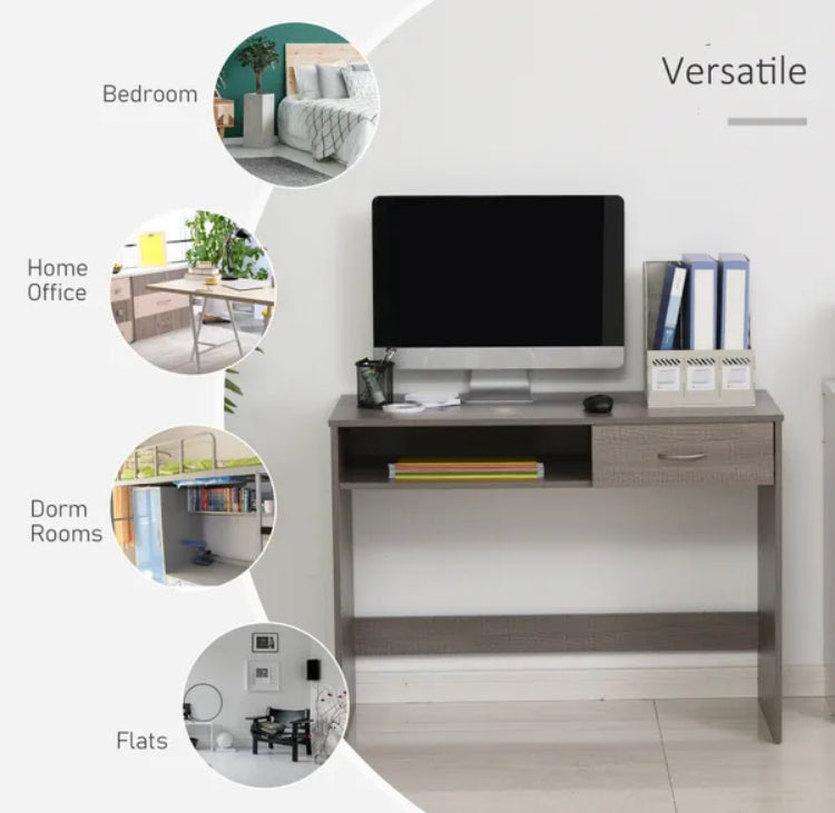 Computer Desk Study Standing Writing Table Workstation With Storage Shelf & Drawer, Grey