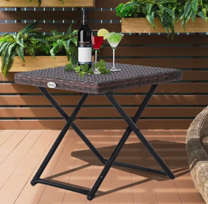 Outdoor Small Folding Square Rattan Coffee Bistro Wicker Weave Side Table - Brown