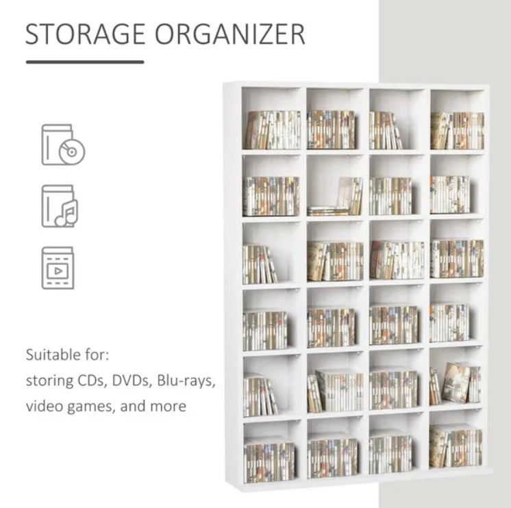 480 CD / 312 DVD Storage Shelf Rack Media Storage Unit Shelves Racks Wooden Bookcase Display Unit with 4 Adjustable Shelves White