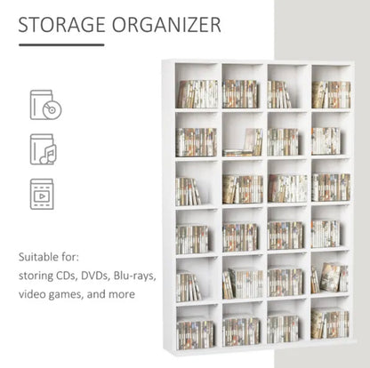 480 CD / 312 DVD Storage Shelf Rack Media Storage Unit Shelves Racks Wooden Bookcase Display Unit with 4 Adjustable Shelves White