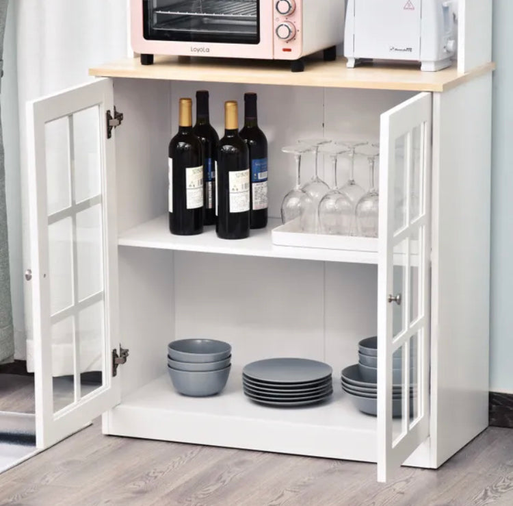 Kitchen Cupboard Sideboard Storage Cabinet Unit Chest With Counter Top Grid Glass Doors Shelves 80L X 37W X 183H Cm - White