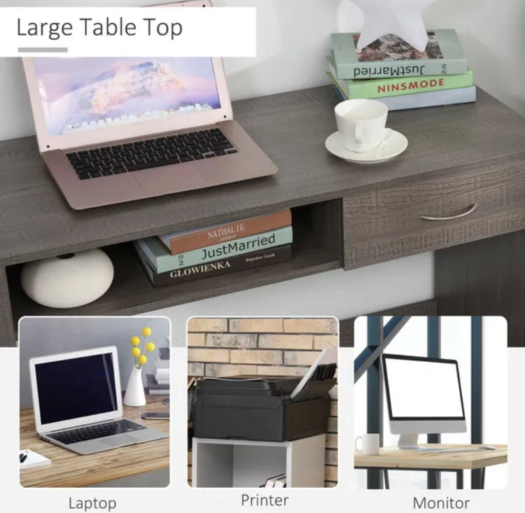 Computer Desk Study Standing Writing Table Workstation With Storage Shelf & Drawer, Grey