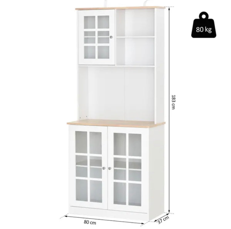 Kitchen Cupboard Sideboard Storage Cabinet Unit Chest With Counter Top Grid Glass Doors Shelves 80L X 37W X 183H Cm - White