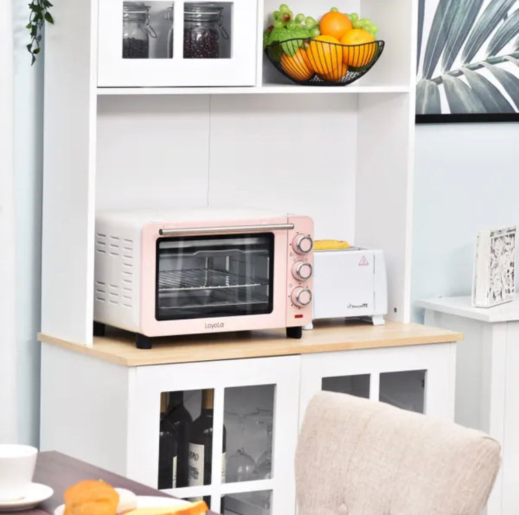 Kitchen Cupboard Sideboard Storage Cabinet Unit Chest With Counter Top Grid Glass Doors Shelves 80L X 37W X 183H Cm - White