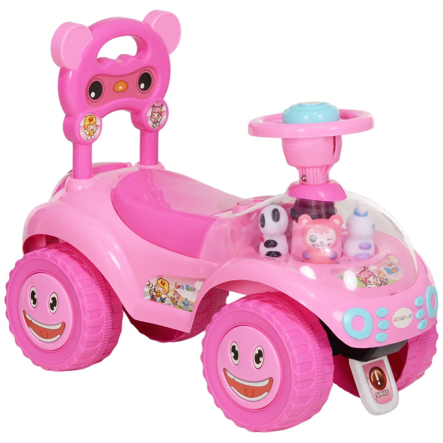 AIYAPLAY Foot to Floor Toddler Ride on Toy w/ Music, Light, Horn, Under Seat Storage, Anti-Over-Backwards Device, Blue / Pink