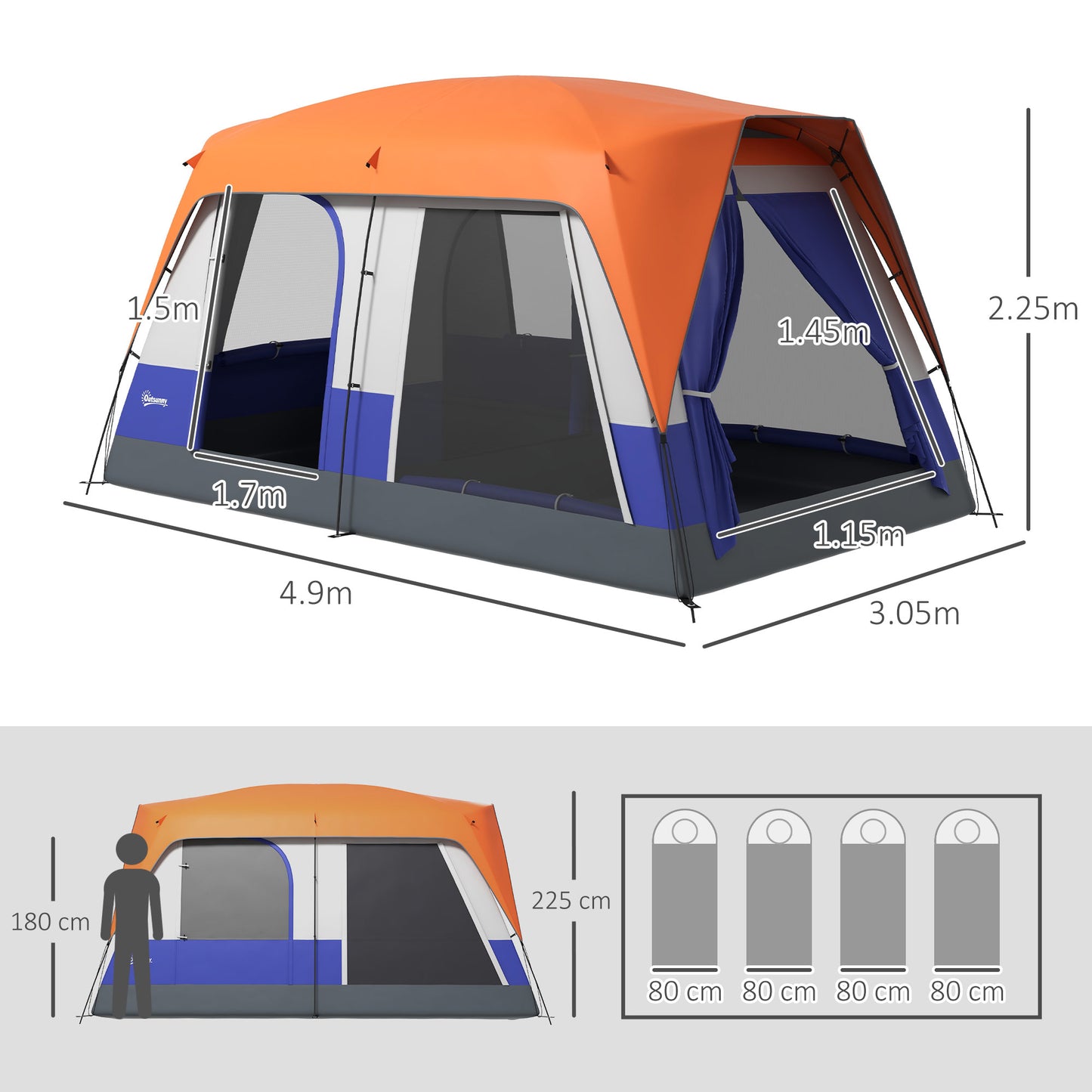 Outsunny Seven-Man Camping Tent, with Small Rainfly and Accessories - Orange