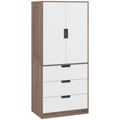 2 Door Wardrobe, Modern Wardrobe with 3 Drawers and Hanging Rod for Bedroom, Brown