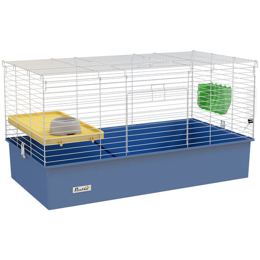 PawHut Chinchillas Small Rabbit Guinea Pig Small Animal Cage, Pet Playhouse, with Platform, Ramp, 99 x 52 x 53cm, Blue