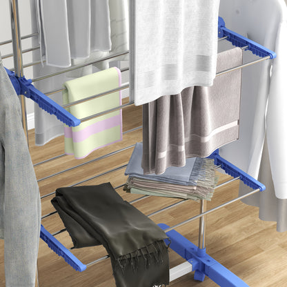 3-Tier Clothes Airer, Foldable Clothes Drying Rack, Indoor and Outdoor Dryer With Wheels and Wings, Easy Assembly, 142 x 55 x 152cm, Blue