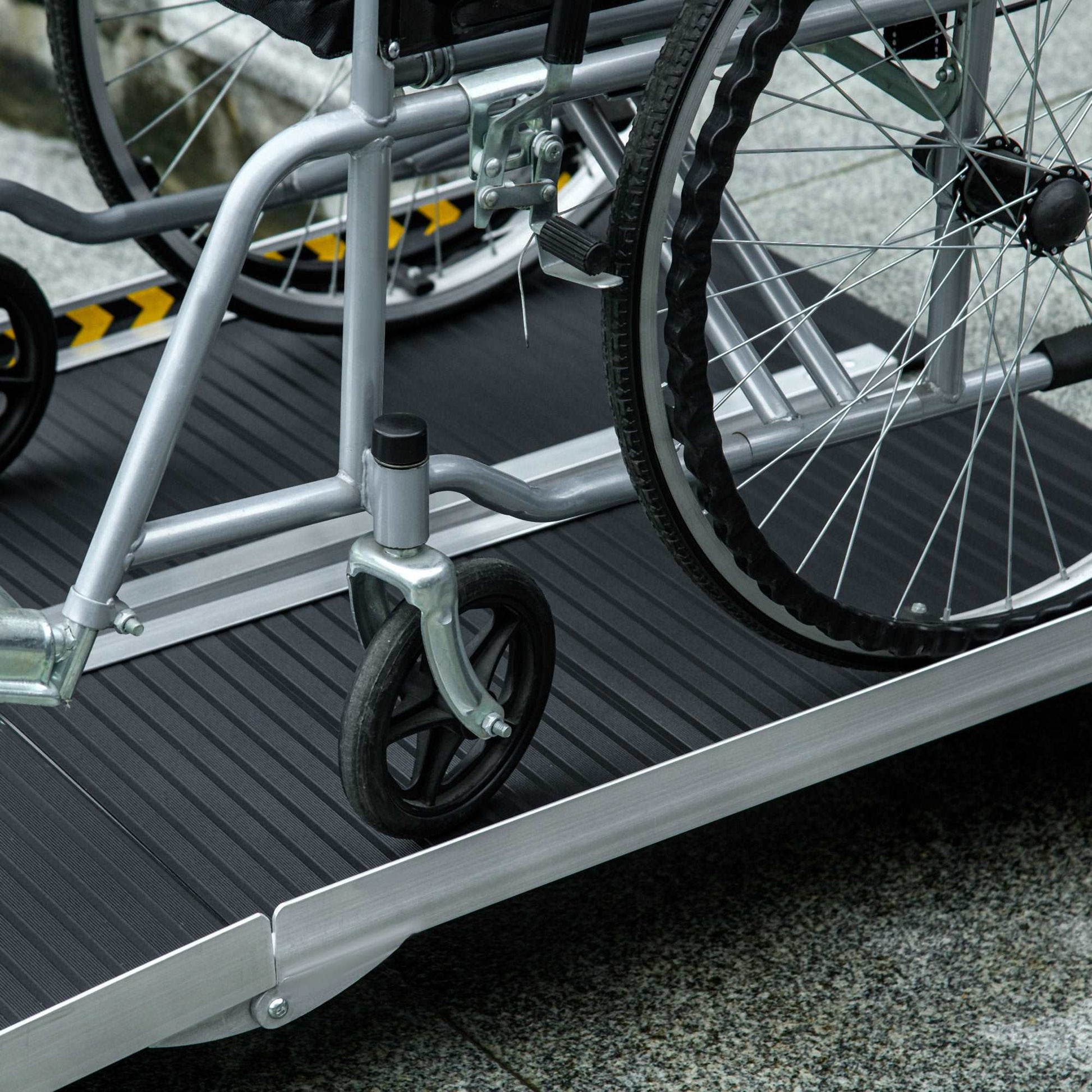 152L x 73Wcm, 272KG Capacity, Folding Aluminium Threshold Ramp w/ Non-Skid Surface, Transition Plates Above & Below for Steps