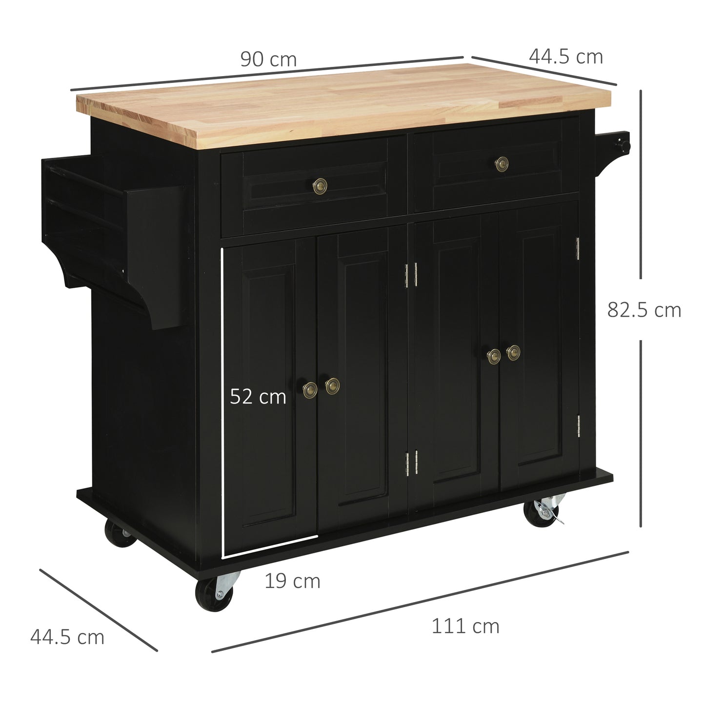 Rolling Kitchen Island Storage Trolley with Rubber Wood Top & Drawers for Dining Room, Black