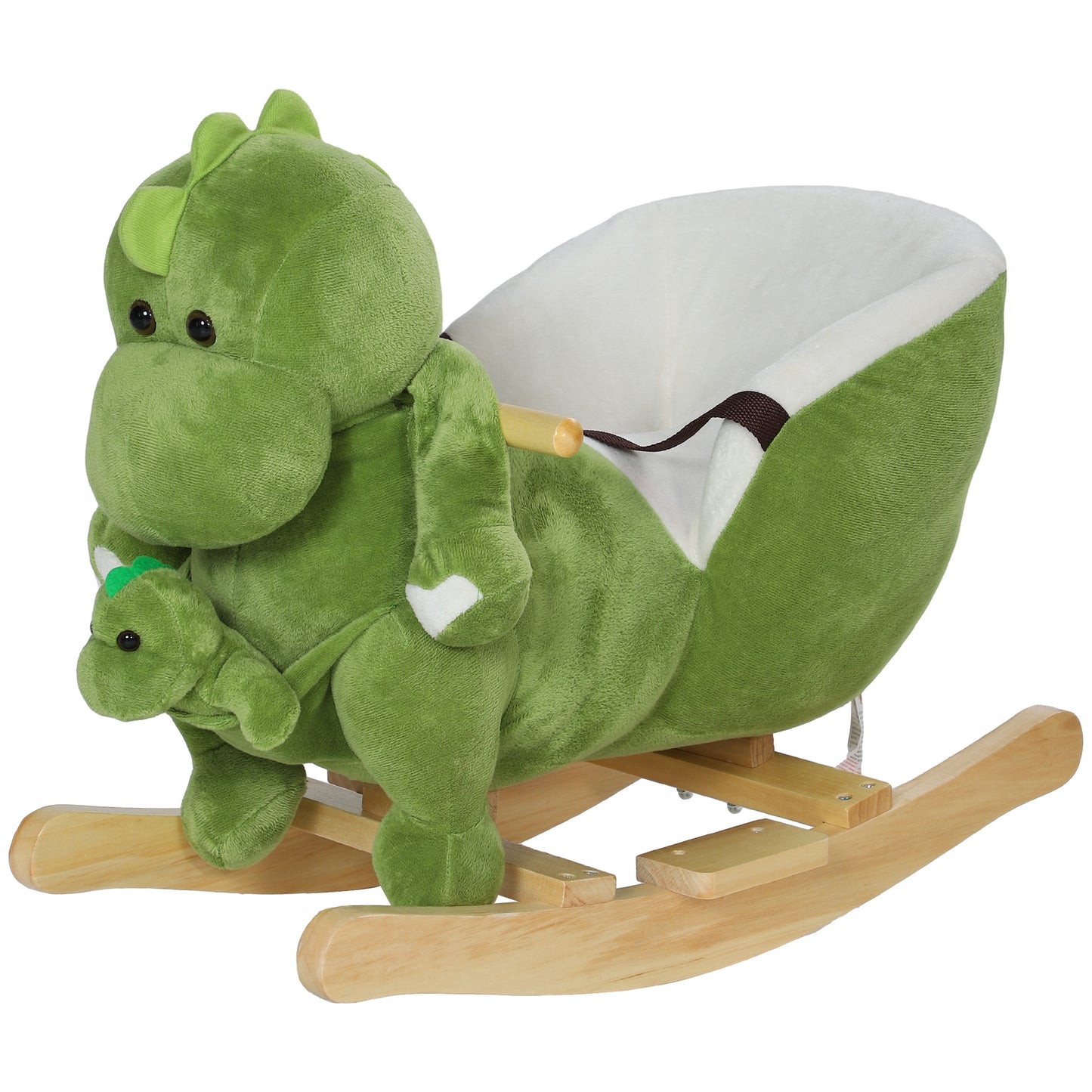 AIYAPLAY Dinosaur-Shaped Baby Rocking Horse w/ Safety Belt, 32 Songs, Wood Base, Hand Puppet