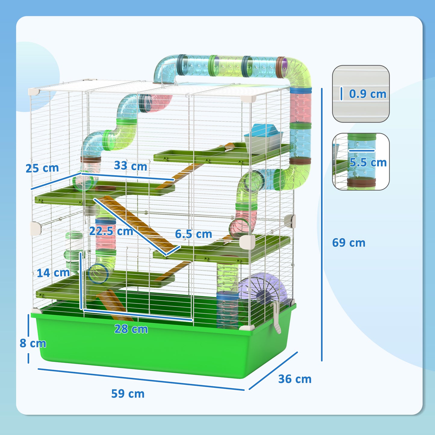 PawHut Hamster Cage With Water Bottle, Exercise Wheel, Tubes, Ramps - Green