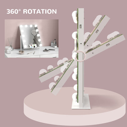 Hollywood Vanity Makeup Mirror W/ Lights, 37x46 cm Lighted, 3 Colour, 12 LED Bulbs, 10X Magnifying, USB Charging Port, Phone Holder, 360° Rotation