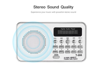 T-205 FM Radio Portable HiFi Card Speaker Digital Multimedia MP3 Music Loudspeaker White Camping Hiking Outdoor Sports